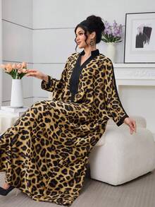 Al Najma 女士宽松豹纹休闲睡袍，适合日常穿着和聚会场合 - 黑色 - 查看 3