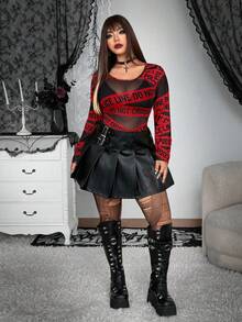 Whyspr Plus Size Asymmetrical Striped Sheer Punk T-Shirt Fall - Red - View 5