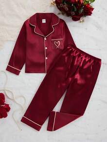 Girls Pajamas Set, Magenta Simple Pocket Heart Print Long Sleeve Cardigan And Long Pants Casual 2 Pieces Sleepwear, Ideal New Year Gift - Burgundy - View 6