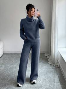 Elenzga Conjunto de dos piezas de suéter de punto de manga larga holgado y pantalones de color camello elegante y casual, adecuado para ir al trabajo, otoño/invierno - Azul - Ver 6