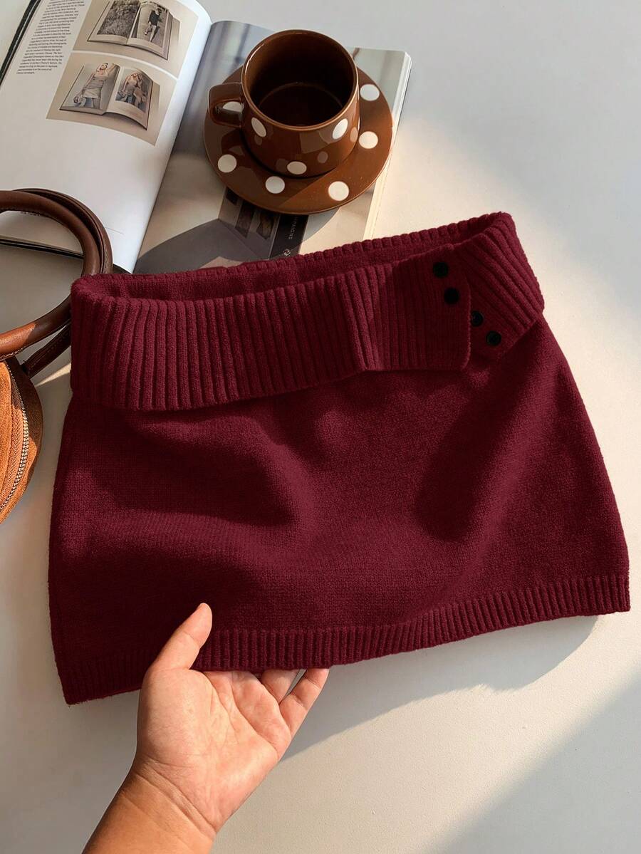 Comfortcana Women's Solid Color Knitted Ribbed Casual Versatile Sweater Skirt, Korean Style In Fall/Winter Women Skirts Red Maroon Skirt Burgundy Skirt Knit Skirt Women Skorts - Burgundy - View 1