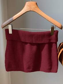 Comfortcana Women's Solid Color Knitted Ribbed Casual Versatile Sweater Skirt, Korean Style In Fall/Winter Women Skirts Red Maroon Skirt Burgundy Skirt Knit Skirt Women Skorts - Burgundy - View 5