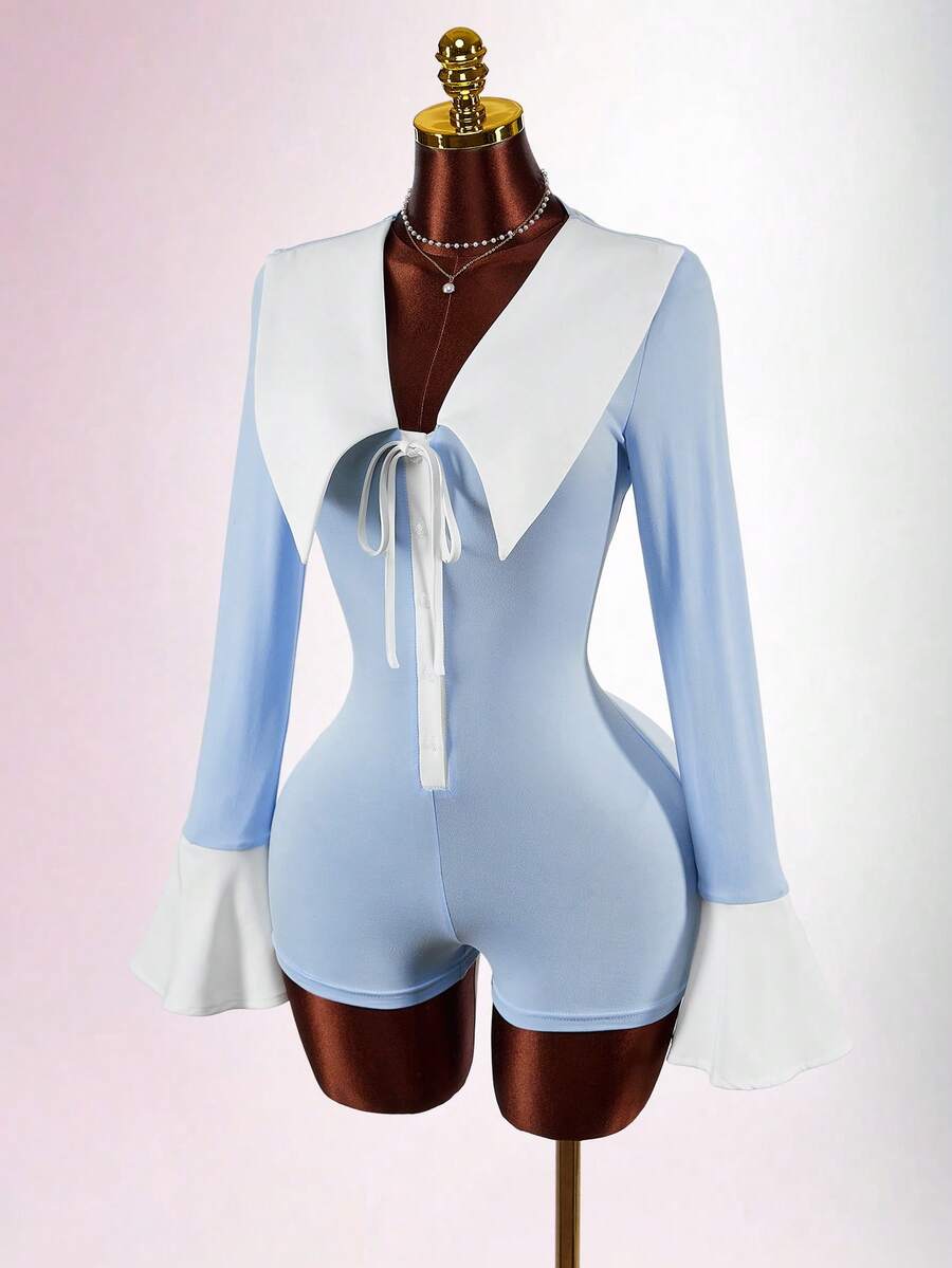 Amplova 女士撞色深V领扭结前襟长袖连体裤 - 藍色 - 查看 1