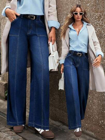 Selenza 女式高腰时尚优雅阔腿牛仔裤，水洗纯色