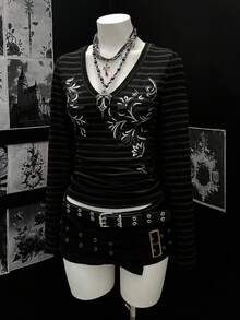SHEIN Unity 女士休闲条纹V领修身长袖T恤，秋季款 - 彩色 - 查看 3