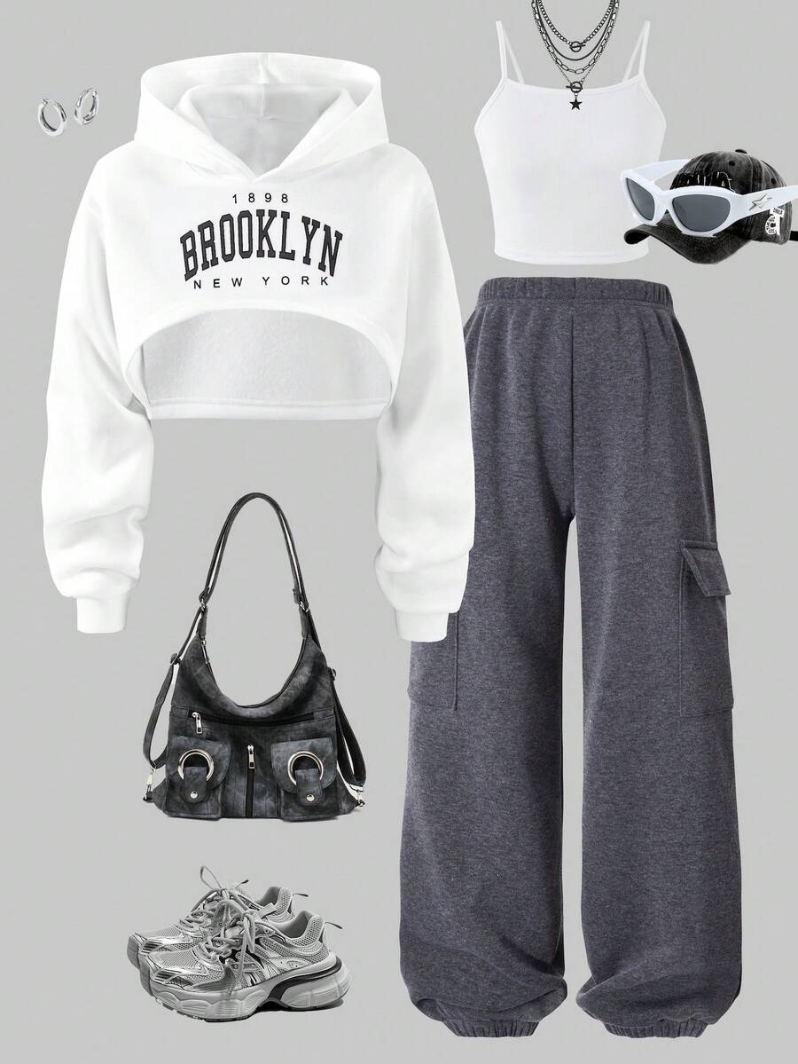SHEIN ChillGRL Tween Girls 3-Piece Knit Outfit With Letter Print Sweatshirt, Camisole, And Cargo Pants, Comfortable And Set For Autumn/Winter - Dark Grey - View 1
