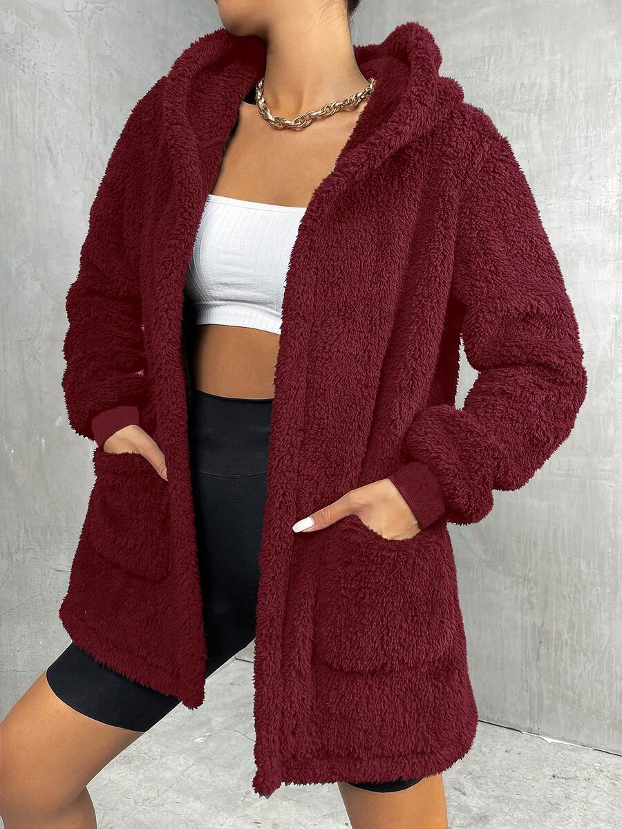 SHEIN Unity 秋冬保暖长袖口袋休闲宽松女式外套 - 酒紅色 - 查看 1