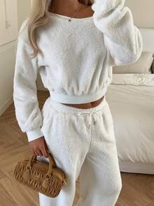 SHEIN EZwear Women's Casual Fluffy Outfit Cream Two Piece Set Comfortable Two Piece Set - White - View 6