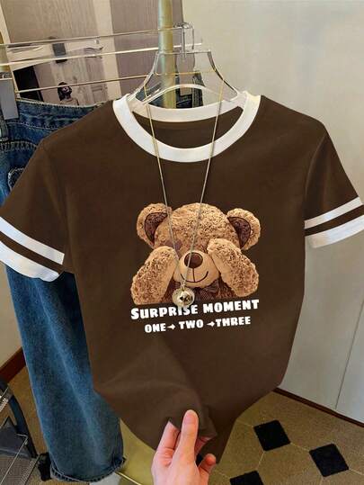 Resyla Camiseta de mujer/Momento sorpresa/Estampado de letras de oso de peluche/Camiseta de verano amigable y de moda/Camiseta holgada casual de mujer de cuello redondo con contraste de color/Primavera/Verano
