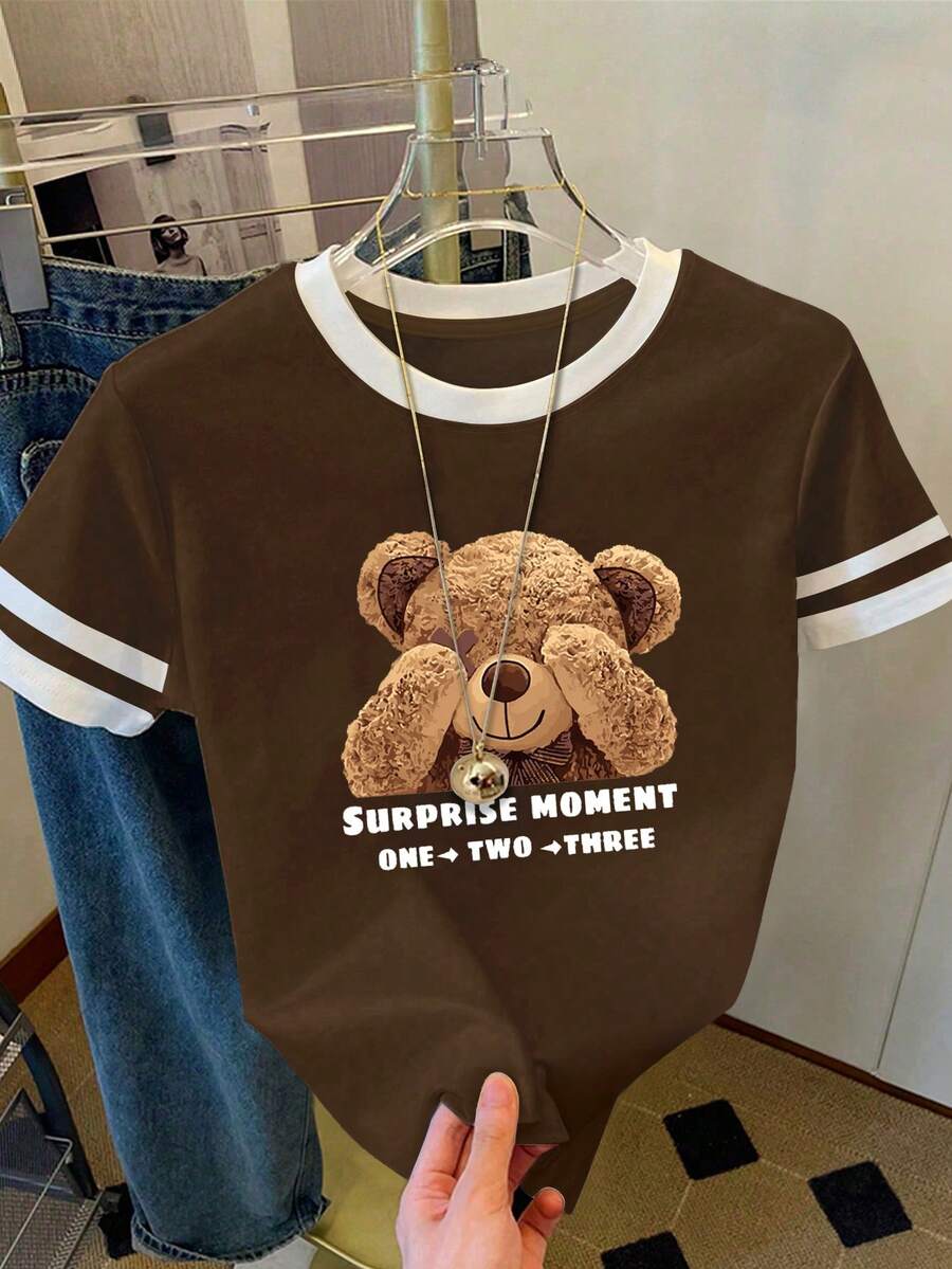 Resyla Women's T-Shirt/Surprise Moment/Teddy Bear Lettering Print/Summer-Friendly, Fashionable T-Shirt/Women's Loose Casual Contrast Color Round Neck T-Shirt Top/Spring/Summer - Multicolor - View 1