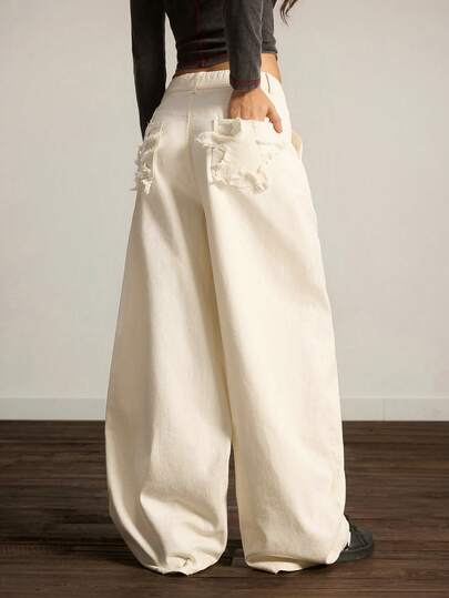 Easelle Pantalones casuales anchos de cintura alta con parche de pentagrama estilo vintage bohemio para mujeres