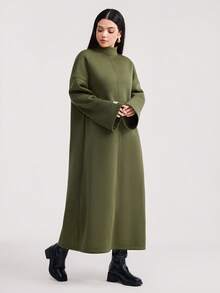 Veilorie Women Casual Loose Solid Color Comfortable Long Sleeve Sweatshirt Dress - Army Green - View 4