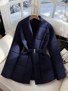 GlowEve Women's Coffee Brown Waist Belt With Metal Buckle Design, Cinched Waist, Elegant Puffer Jacket - Navy Blue - View 1