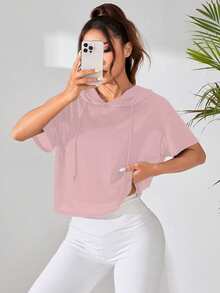 SHEIN Sports 2件套女式纯色短袖抽绳连帽运动衫套装 - 彩色 - 查看 3