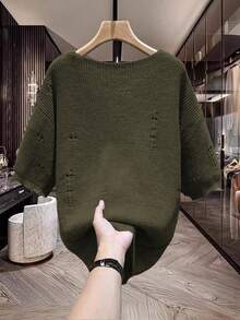 Manfinity Homme Men's Solid Color Round Neck Drop Shoulder Ripped Loose Casual Knit Sweater - Dark Green - View 2