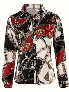 EMERY ROSE Chain Printed Button Up Front Shirt, Elegant Long Sleeved Lapel Shirt, Spring And Autumn, Women's Clothing - Multicolor - View 3