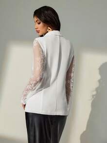 Bluhae Áo khoác Blazer nữ tay dài phối ren trơn màu thanh lịch - trắng - Xem 2