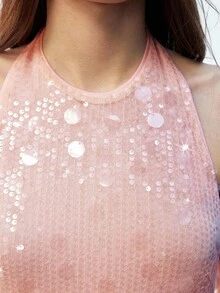 Maija 2025 Baby Pink Sequin Mini Dress For Women,70s Summer Party Bowknot Strap Halter Open Back Backless A-Line Dress,Spring/Autumn Vacation Pink Dress - Pink - View 7