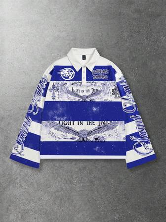 Street Life Camiseta de manga larga con cuello a rayas y estampado, estilo universitario casual para hombres