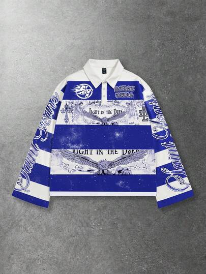 Street Life تي شيرت كاجوال بياقة مخطط وأكمام طويلة مطبوع