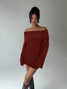 Aloruh Grey Off-Shoulder Turtleneck Long Sleeve Mini Dress, Loose Top Tight Bottom, Suitable For Young Ladies, Autumn/Winter - Burgundy - View 8