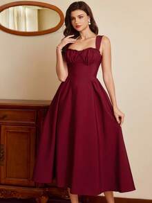 Vintamour 复古优雅女士连衣裙，带口袋，抹胸设计，褶皱花边下摆，休闲度假派对连衣裙，冬季连衣裙，女士冬季服装，女士冬季连衣裙，女士夏季服装，女士圣诞节服装，圣诞连衣裙，圣诞派对连衣裙，新年连衣裙，女士新年夜连衣裙，女士新年服装，新年服装，优雅派对连衣裙，优雅派对连衣裙，女士优雅连衣裙 - 酒紅色 - 查看 4