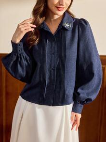 Vintamour Vintage Classic Elegant Women's Embroidered Collar Fitted Long Sleeve Shirt, Navy Blue