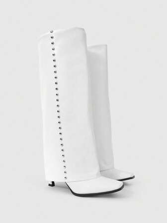 Grunge Punk Women's Studded Decor Fashion White Square Toe Slim Heel Over-The-Knee Boots