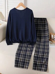 2pcs/Set Teen GirlComfortable Casual Ribbed Black Top And Classic Plaid Pants Pajama Set - Multicolor - View 2