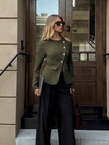 Elyressa 女士圆领长袖金属单排扣休闲常规夹克 - 橄欖綠 - 查看 4