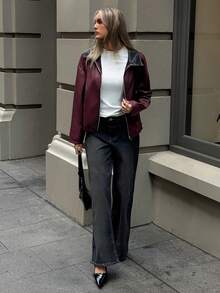 Aloruh Women's Elegant Coat,Barn-Style Color-Blocked Jacket,Fashionable & Versatile Commuter Ancla Red PU Jacket In,Women's Winter,Women's Winter Jacket,Fall For Women,Autumn For Women,New Year,Chic Women's Jacket,Burgundy Coat,Old Money Style,Casual Coat,Fall/Winter - Coffee Brown - View 6