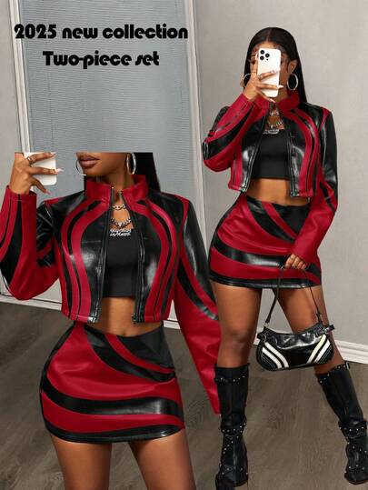 Slaydiva 2025 Autumn New Halloween Birthday Party Banquet College Style Student Daily Casual Cruise Travel Viral Streetwear Sexy Club Y2K Punk Racing Motorcycle Inspired Women 2pcs Set: Long Sleeve Fitted Jacket + Bodycon Mini Skirt, Black With Yellow PU Ink Print, Autumn/Winter