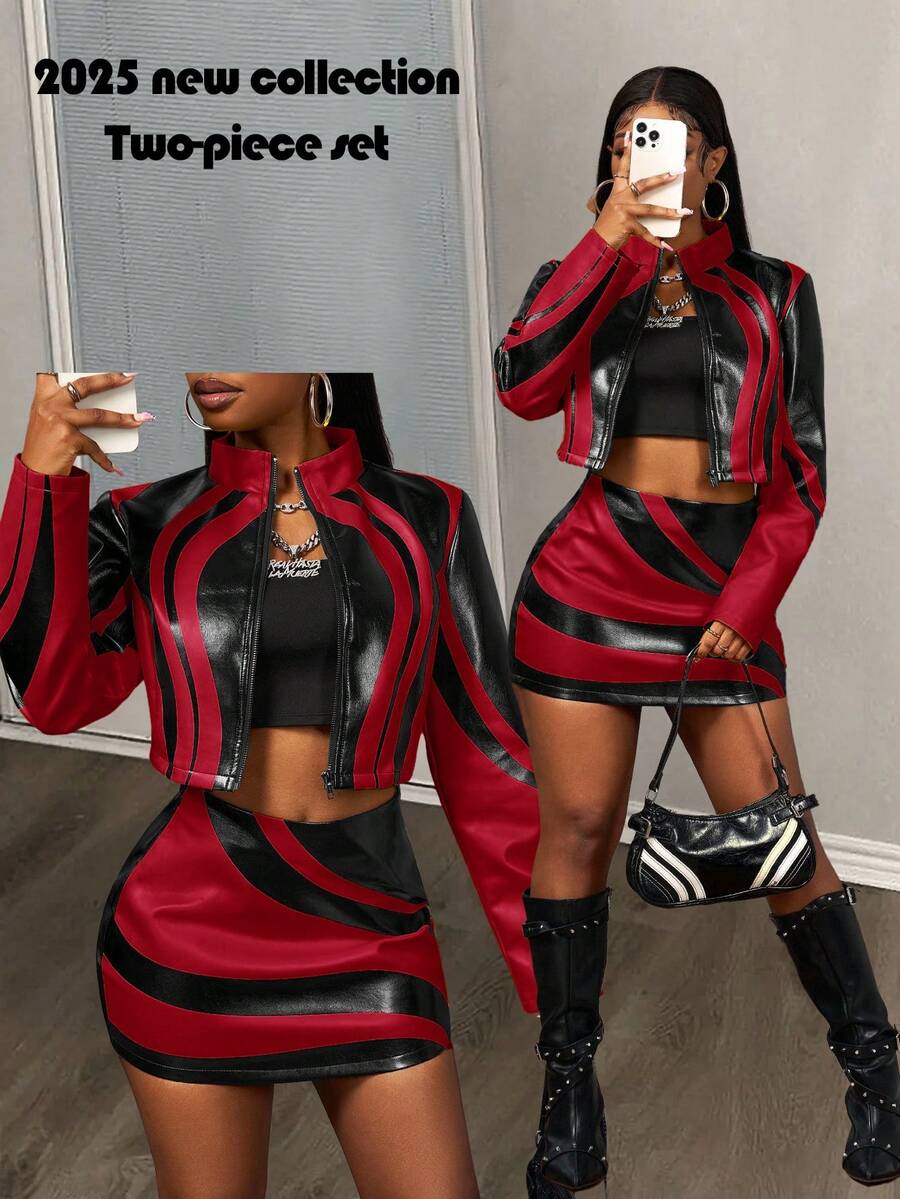 Slaydiva 2025 Autumn New Halloween Birthday Party Banquet College Style Student Daily Casual Cruise Travel Viral Streetwear Sexy Club Y2K Punk Racing Motorcycle Inspired Women 2pcs Set: Long Sleeve Fitted Jacket + Bodycon Mini Skirt, Black With Yellow PU Ink Print, Autumn/Winter - Red - View 1