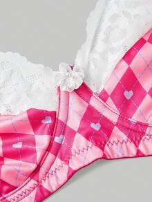 ROMWE Kawaii 3件套加大码菱形格纹蕾丝钢圈文胸、项链和印花裙套装 - 玫紅色 - 查看 3