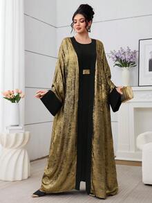 Al Najma 2025 New Middle Eastern Abaya Fashion Gold Foil Long Robe Cardigan Outerwear With Inner Long Sleeve Dress Suit
