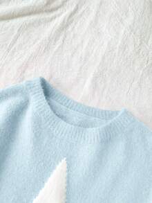 SHEIN 少女星形图案圆领落肩毛衣，休闲日常穿着，秋冬 - 淺藍色 - 查看 3
