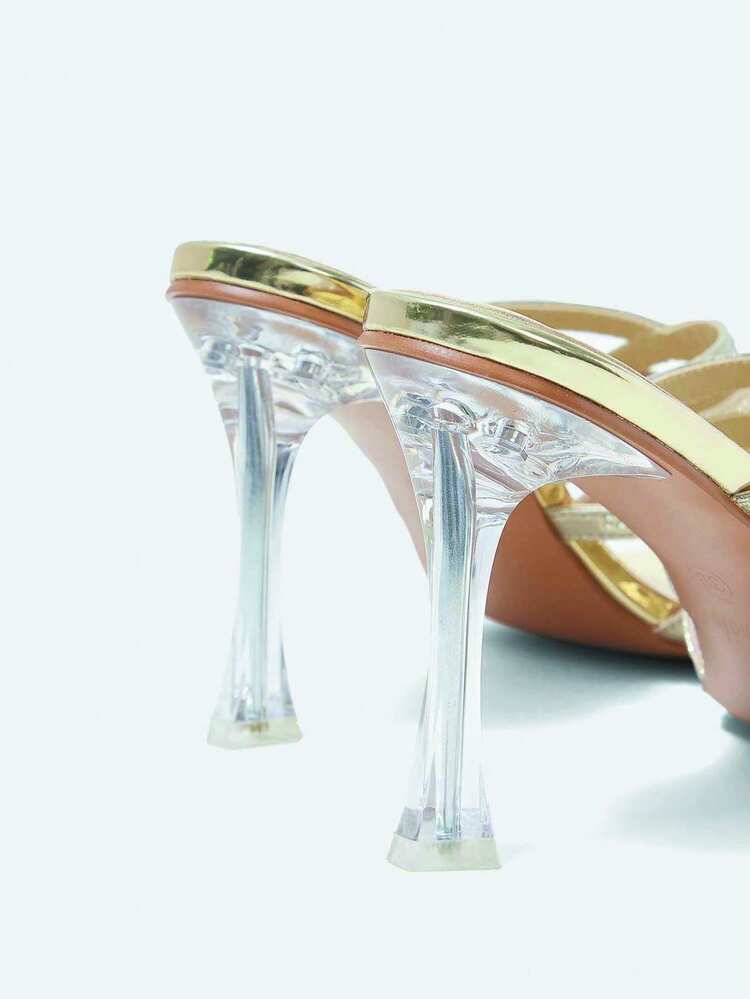 Gold All Rhinestones Shining Women's Square Toe Glass High Heels