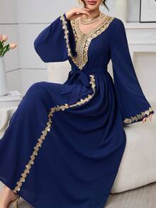 Al Najma Wine Red Long Sleeve Embroidered Collar Pleated Party Cocktail Dress - Royal Blue - View 7