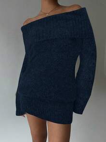 Aloruh Grey Off Shoulder Turtleneck Long Sleeve Mini Dress, Loose Top Tight Bottom, Suitable For Young Ladies, Autumn/Winter - Navy Blue - View 6