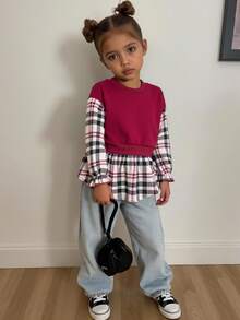 SHEIN Young Girl Casual Plaid Patchwork Sweatshirt - Burgundy - View 3