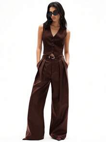 GENKIRA 酒红色PU皮革褶皱宽松直筒腰带休闲时尚百搭女裤 - 咖啡棕 - 查看 4