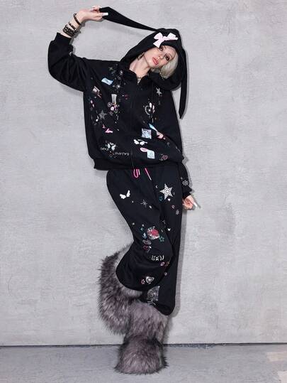 ROMWE Avant Y2K Baddie Punk Kawaii Bow Skull Rabbit Pixel Star Moon Heart Cat Dog Embroidery Rhinestone Rabbit Ear Loose Hoodie Jacket