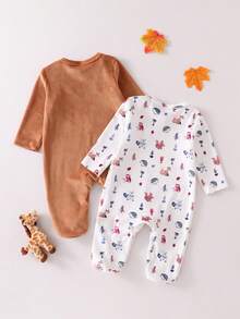 Newborn Baby Pajamas-2 Piece Pajama Set Fox Brown Footed Romper White Woodland Print Long Sleeve Round Neck Long Pants Option Cozy Warm Lightweight Breathable Multi Season Baby Sleep Outfit Holiday 2026 New Year Essential Gift