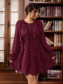 Vionelle Plus Size Women's Burgundy French Chiffon V-Neck Elegant Autumn Retro Ruffle Hem Long Sleeve Blouse,Perfect For Wedding Guest,Office&Party Wear - Burgundy - View 4