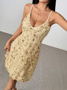 SHEIN Women's Solid Color Sequin Patchwork Party Elegant Slip Dress - Apricot - View 5