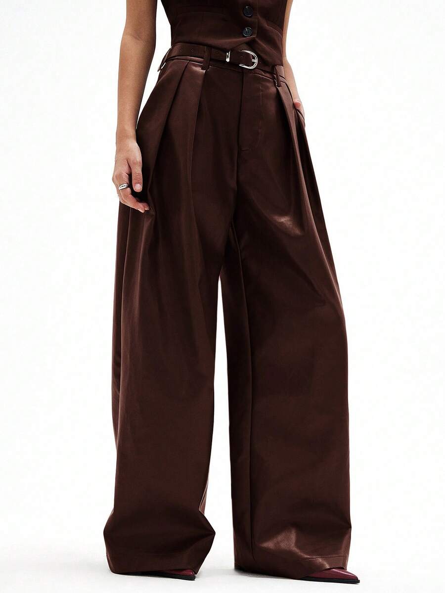GENKIRA 酒红色PU皮革褶皱宽松直筒腰带休闲时尚百搭女裤 - 咖啡棕 - 查看 1