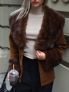 Aloruh Women's Autumn/Winter New Gangster Wife Style Sexy Open Front Button Closure Long Faux Fur Collar Leopard Print Patchwork Long Cinched Waist Sleeve Faux Fur Coat Brown - Multicolor - View 6