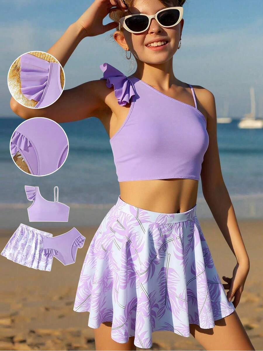 SHEIN 适合青少年女孩的三件套泳衣套装：随机印花泳衣，纯色不对称荷叶边泳衣 + 花卉印花罩衫和迷你裙，女士夏季服装两件套青少年女孩裙装套装青少年 - 紫色 - 查看 1