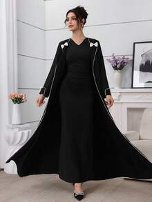 Al Najma 2 Stücke Damen Outfit im arabischen Stil (ärmelloses Kleid und langärmeliger Jacken Set) - Schwarz - Übersicht 5