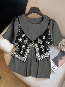 GlowEve CURVE Plus Size Women Summer Floral Print Short Sleeve T-Shirt - Grey - View 1